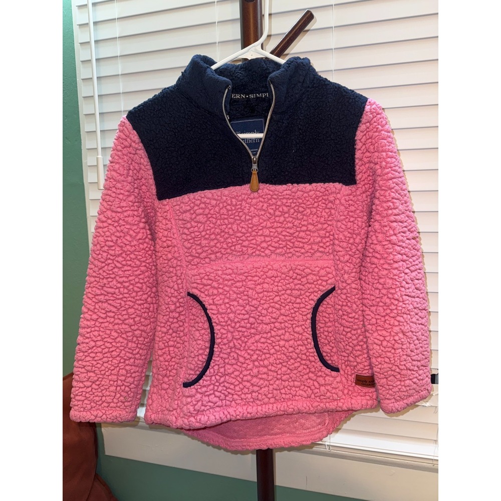 Simply Southern Youth L Sherpa Pullover Pink Navy Quarter Zip Fleece Jacket